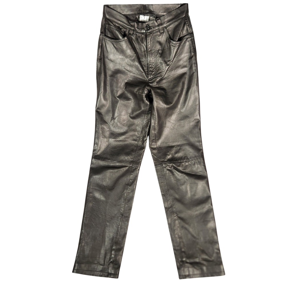 DKNY Leather Pants Womens 6 28X32 Black Excellent High Waisted Straight Genuine